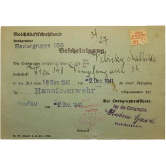 Firefighting course Certificate, Reichsluftschutzbund. Espenlaub militaria